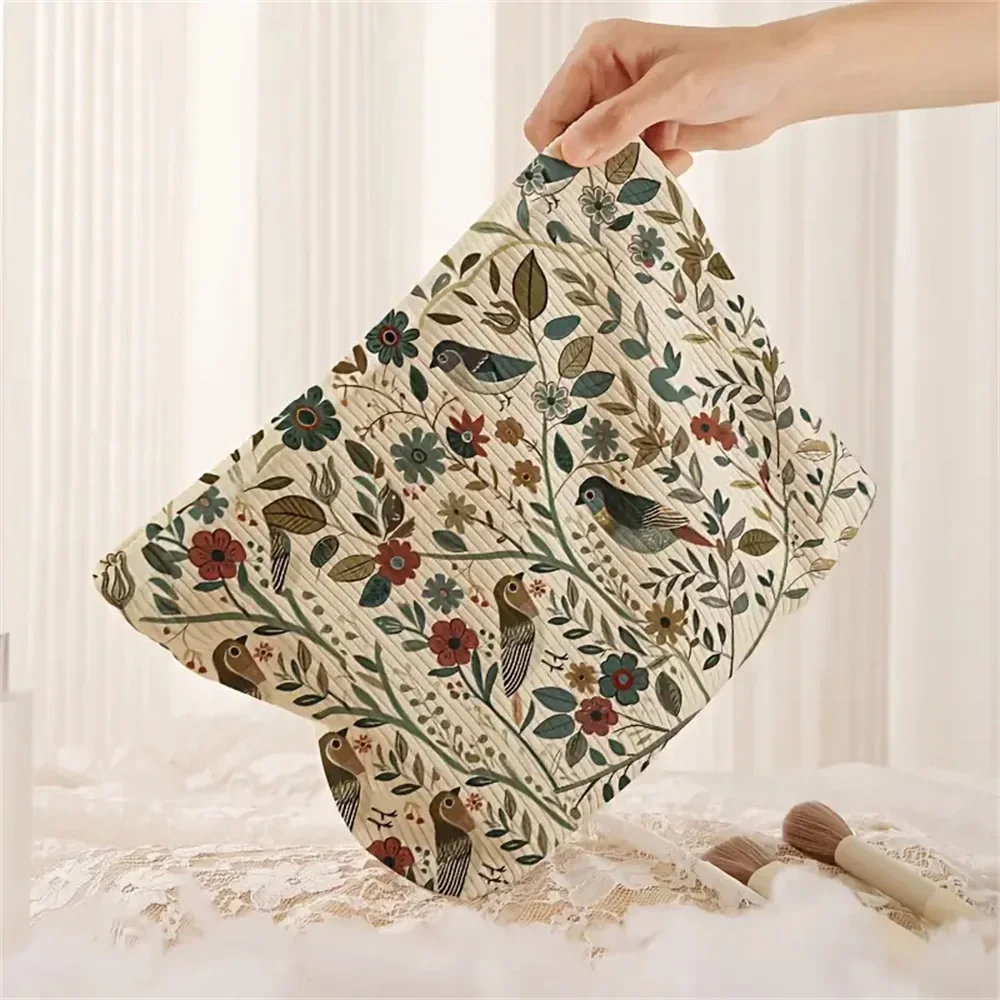 1PC Branch Bird Pattern Women's Makeup Bag Corduroy Cosmetic Storage Bag Portable Commuting Travel Lightweight Toiletry Bag