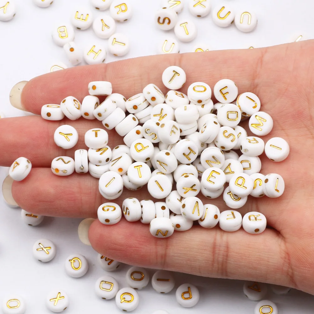 7mm White Gold Color Mix Letter Acrylic Beads Round Flat Alphabet Loose Beads For Jewelry Making Handmade Diy Bracelet Necklace