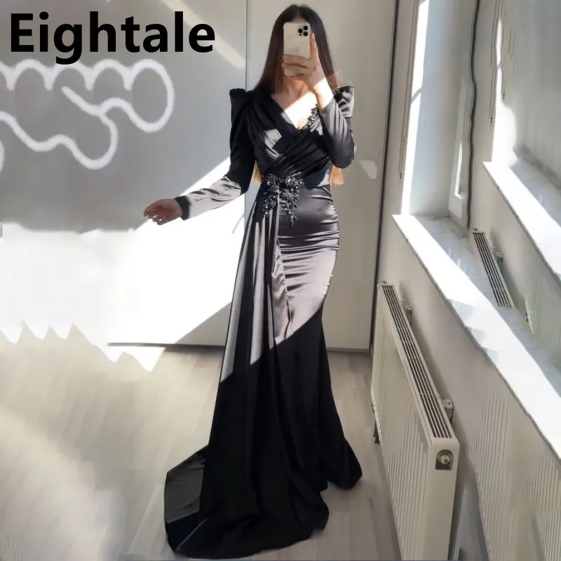 

Black Mermaid Satin Evening Dress For Wedding Party Long Sleeves Appliques Beads Sexy Side Slit Prom Dress Formal Party Gown