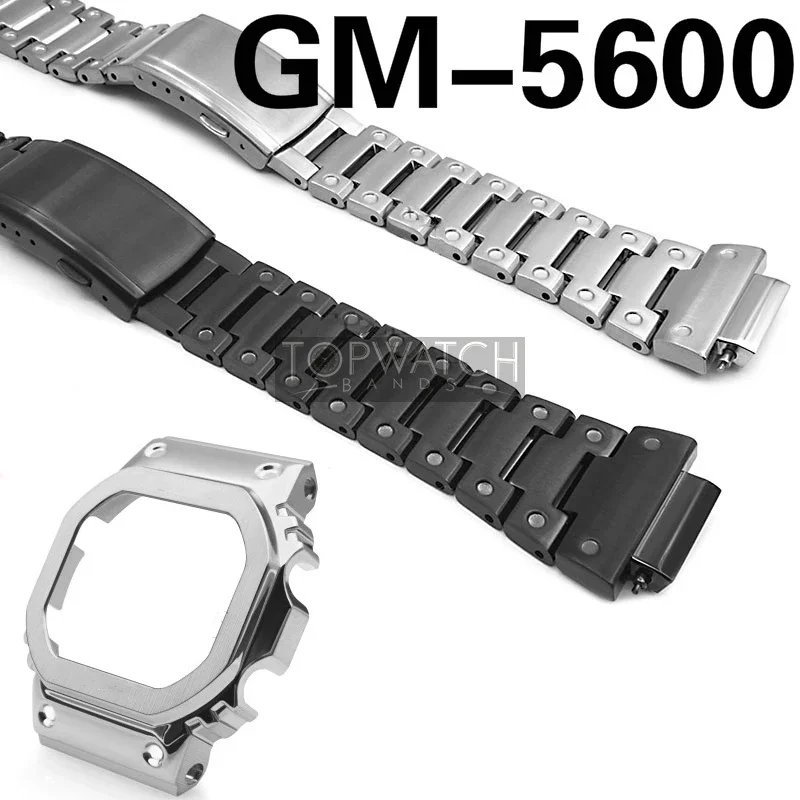 

GM-5600 Black Silver Set Watch Band Strap Stainless Steel Watch Bezel ONLY 316L Stainless Steel Metal Watchbands Cover Tools