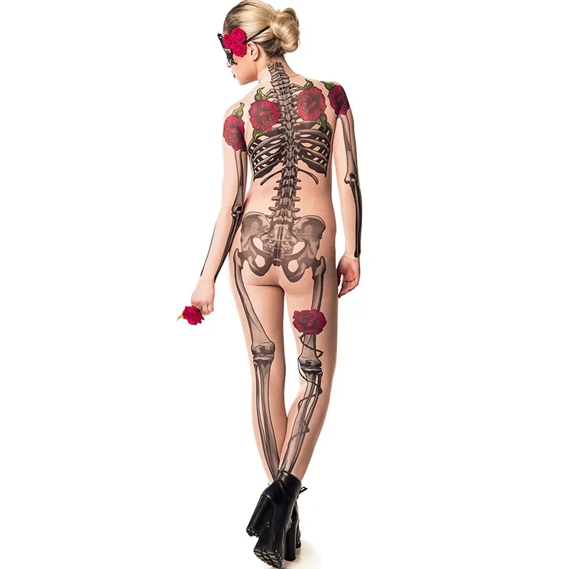 Women Sexy Cosplay Halloween Costume Jumpsuit Rose Skeleton Party Romper Carnival Body Suit Devil Ghost Specter Scary Costume