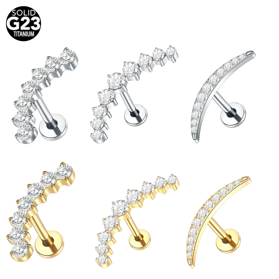 

1pc Implant Grade Titanium Stud Earring with Curved Bezel 9 CZ Top Internally Threaded Labret Ear Piercing Body Jewelry