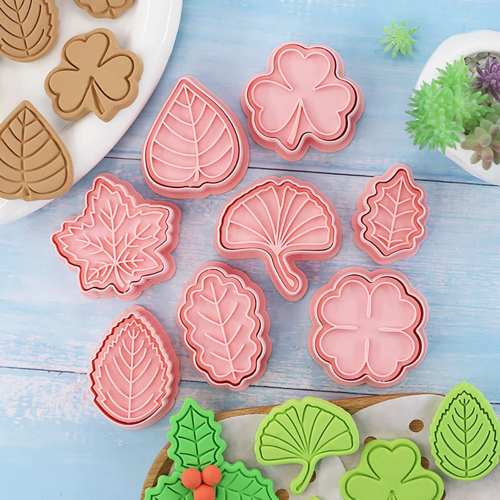 

8Pcs/set Leaf Cookie Cutters Plastic Pressable Biscuit Mold Fondant Cookie Stamp Kitchen Pastry Baking Tools Cake Mold