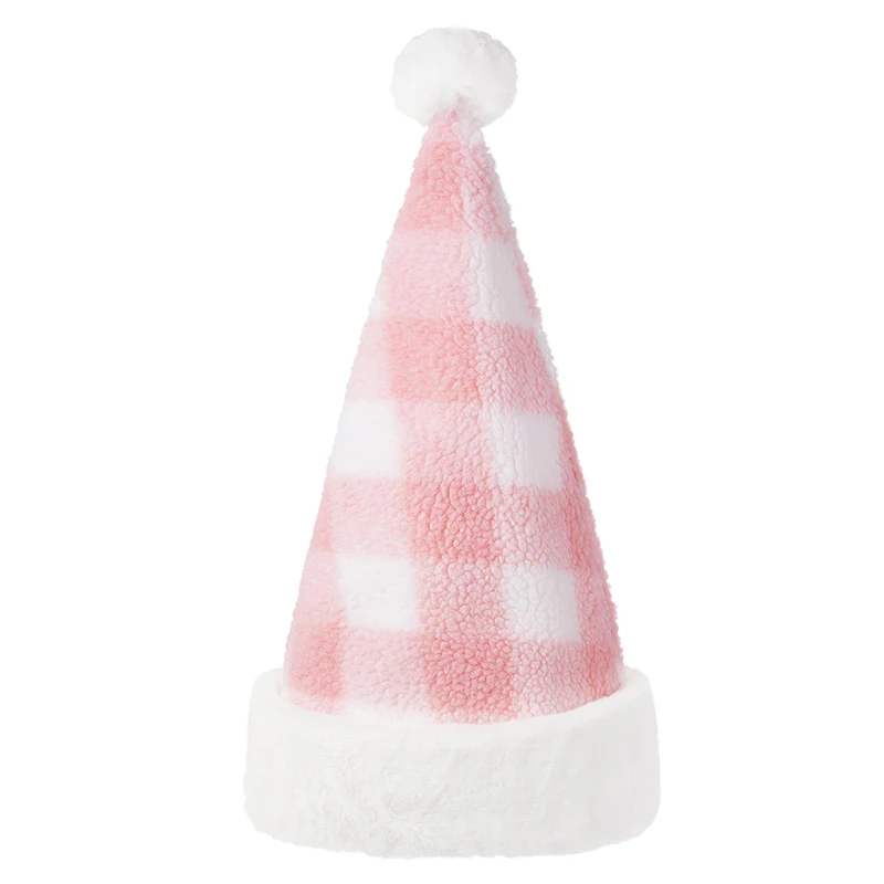 Cute Pink Plaid Santa Claus Hat Fleece Santa Cap Christmas Hats for Adults with Plush Trim