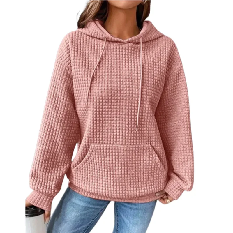 New Waffle Fabric Women Hooded Sweatshirt Female Autumn Winter Korean Casual Hoodie Solid Color Splice Kangaroo Pouch Outerwear