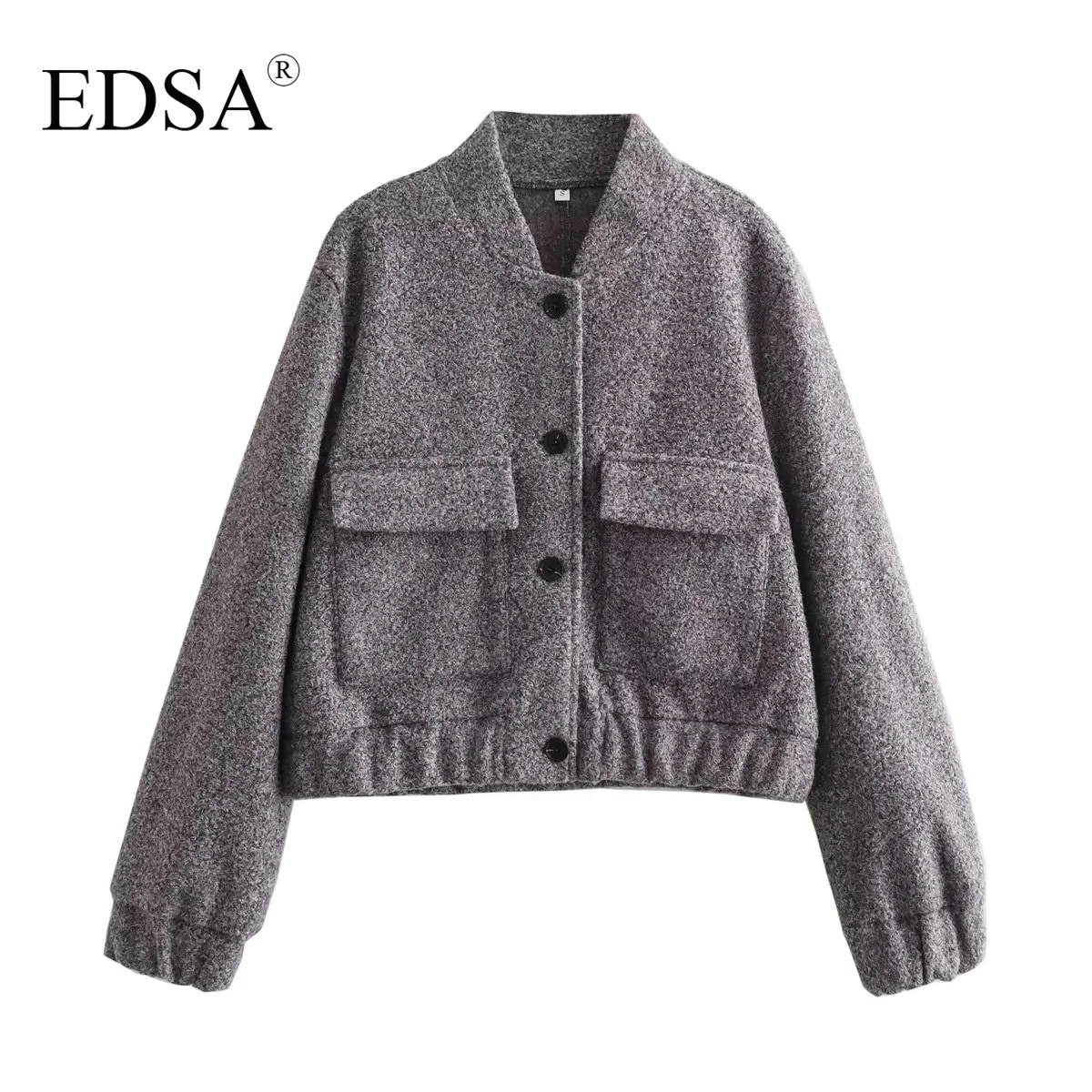 

EDSA Women Vintage Woolen Bomber Jacket with Double Pockets Single Breasted Long Sleeves Thick Coat Outerwears