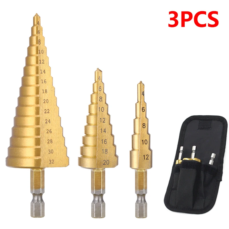 

4-12mm 4-20mm 4-32mm Step Drill Bit Set HSS Titanium Coated Hex Shank Drill Bits Woodworking Tools Metal Stepped Drills Cone Bit