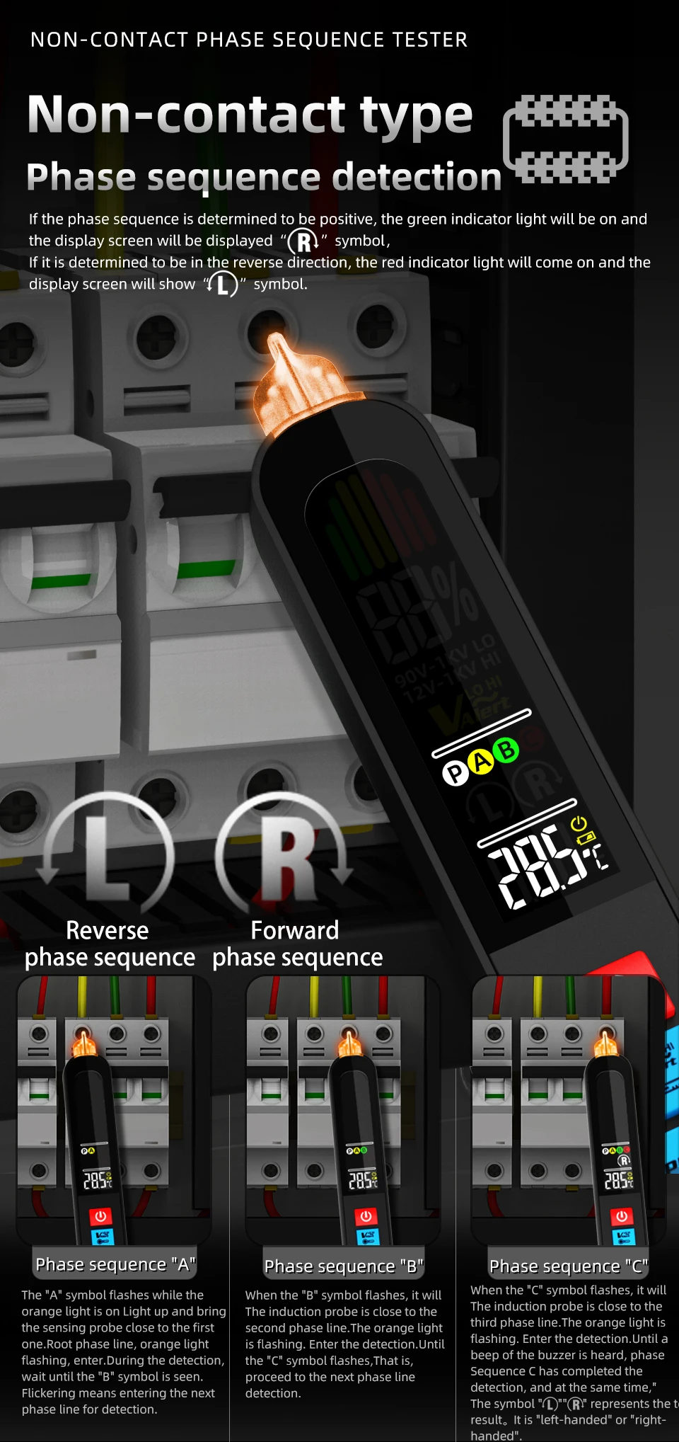 AVX1 Voltage Detector Tester Phase Sequence Smart NCV Live Wire Check Meter