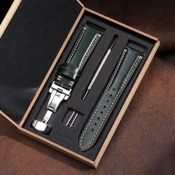 Luxurious Genuine Leather Wrist Bracelet with Butterfly Clasp - Elegant Watch Band Accessory with Gift Box - 22mm (Green)
