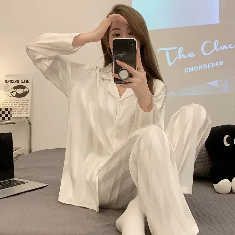 

2023 Two Pants Set Loungewear Long Blouses Pajamas Piece Outfit Nightwear Women's Home Pyjamas Sleeve Stripe