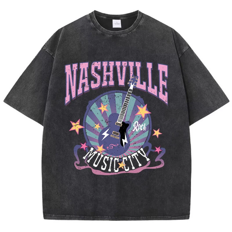 T-shirt casual da donna in cotone lavato Nashville Music Cy Stampe T-shirt oversize estiva a maniche corte Abbigliamento da strada alla moda  200000345