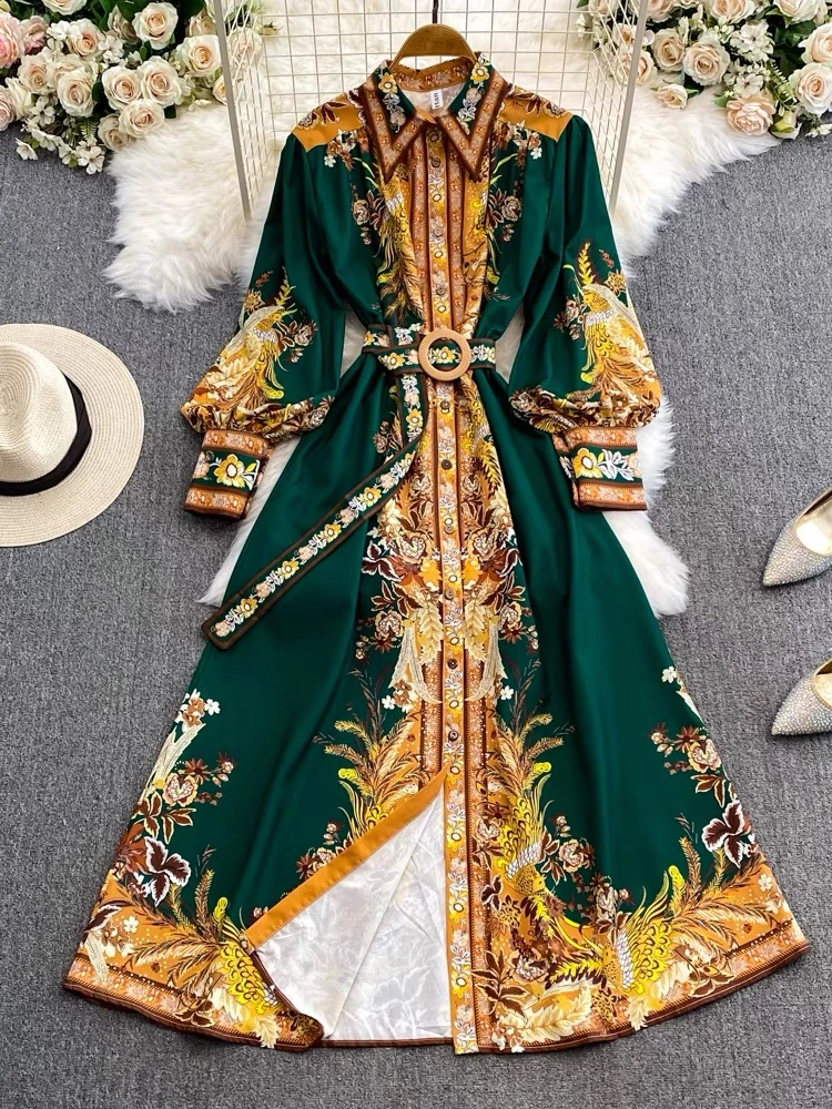 

Retro Printed Long Dress Women Elegant Single Breasted Lapel Party Dresses Ladies Slim Vintage A-line Spring Autumn Long Robe