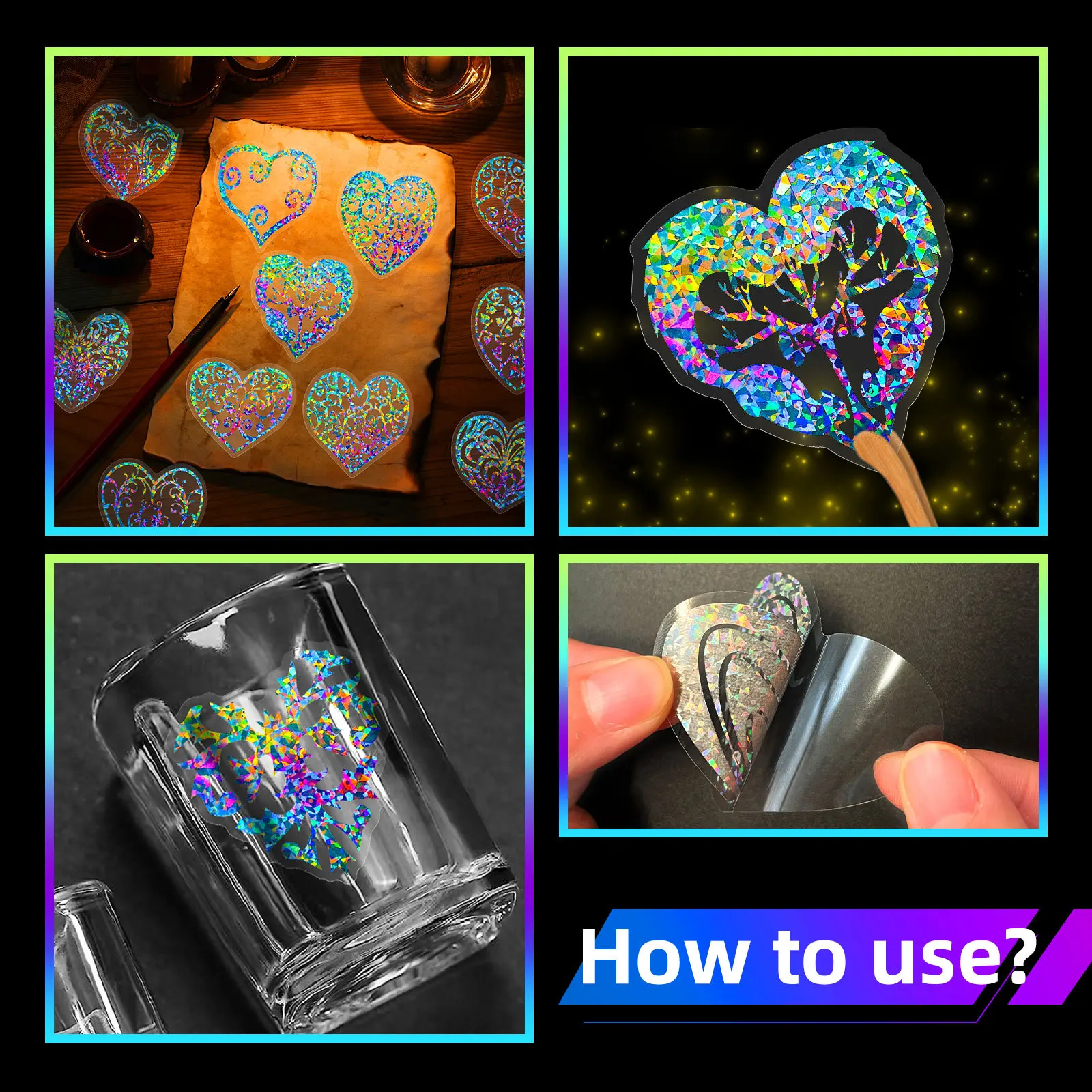 50 Sheets Of Transparent Holographic Heart-shaped PET Stickers With Radiant Colors For Decoration Sticker