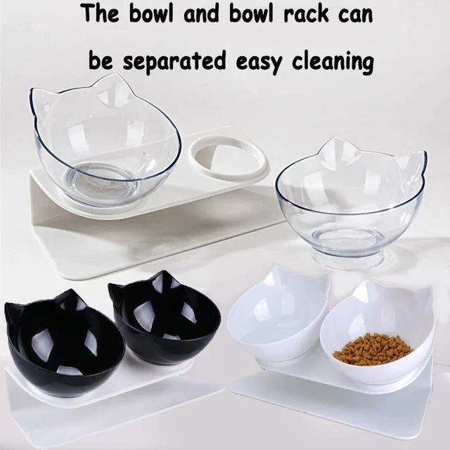 Double Cat Feeding Bowl PC Plastic Cat Shape 2 Cat feeder Container 15 Degree Tilted Pet Inclination Stand Cats Feeding Bowl 5