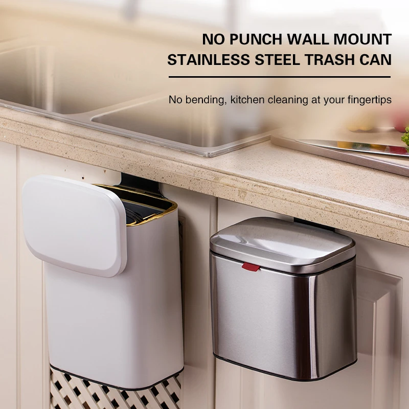 

8L Desktop Stainless Steel Trash Can Hanging Trash Can Perforated Free Wall Mounted Storage Bin with Lid Household Paper Basket