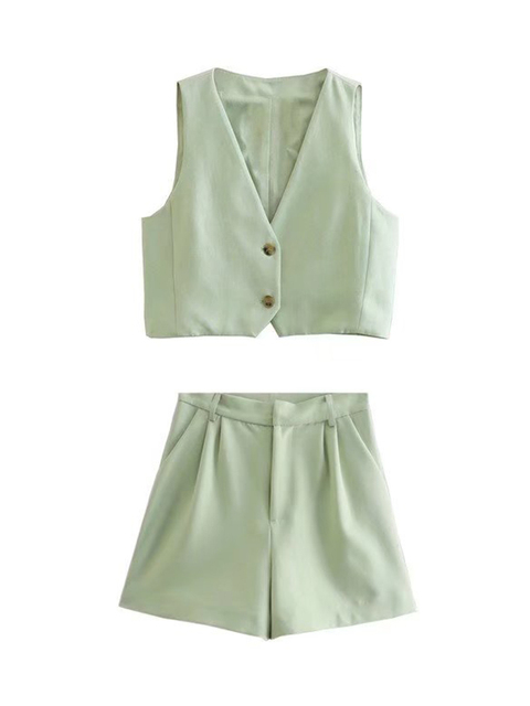 2022 Women 2Pcs Shorts Suits New Arrival Vintage V-neck OL Vest Coats+Solid A-line Shorts Single Breasted Causal Jackets