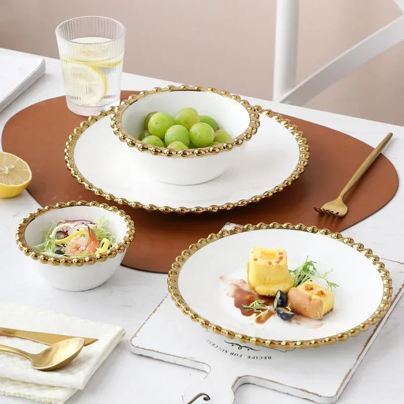 White Ceramic Dinnerware Home Set Hotel Round Plates Dinner and Soup Bowls Salad Wedding Party Dishes Serving with Gold Rim