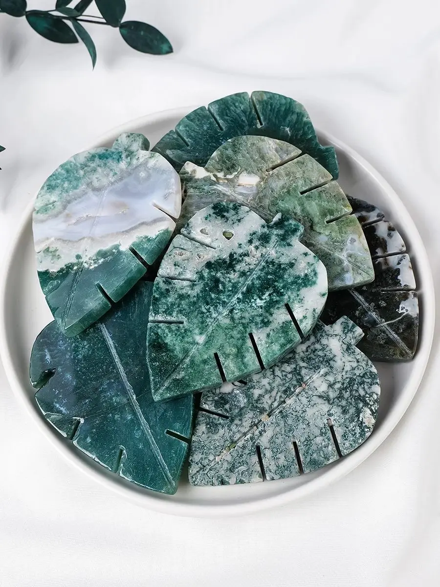 1 Stück natürliche Kristallblätter Skulptur Moos Achat Familie Dekoration Energie Gesundheit Geschenk DIY Anhänger Edelstein – Detail 2