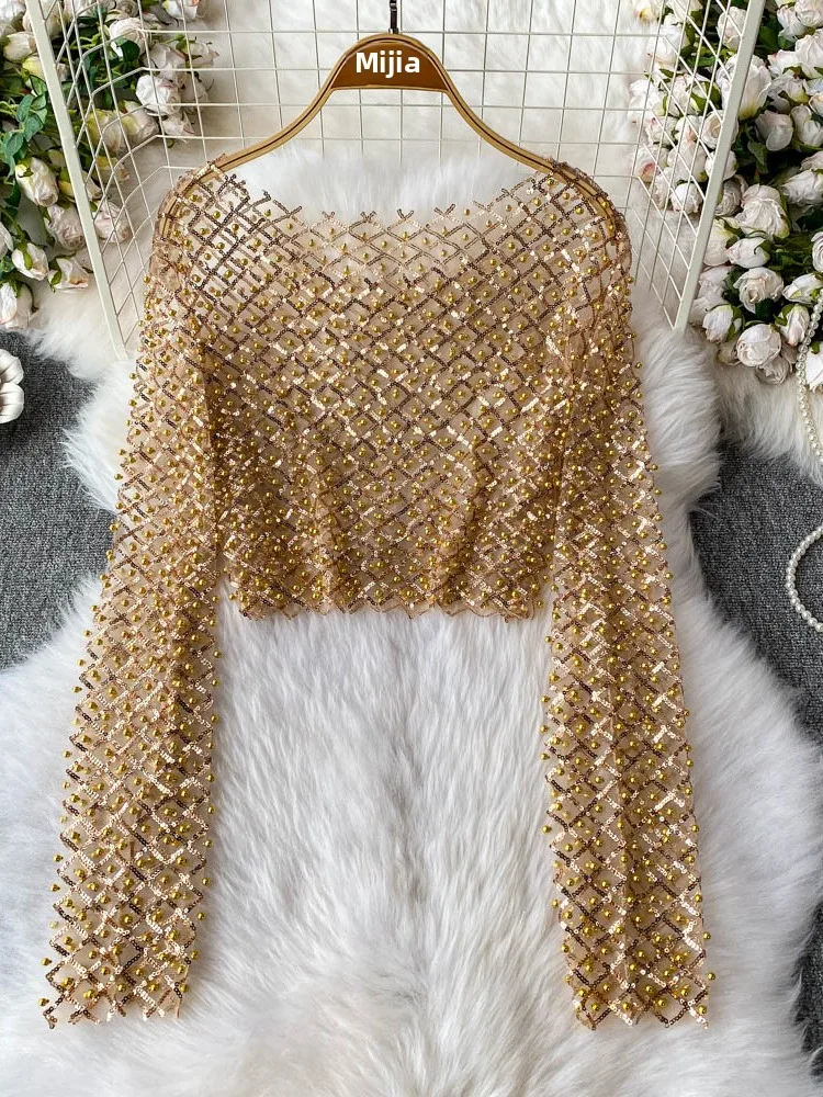 iny Sequin Long Sve round Ne ort T-irt Women's Slim Fit Sli Korean Sle Commute Pure Color Summer Top