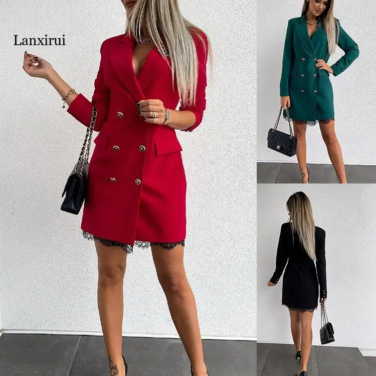 

OL Double Breasted Button Short Blazer Dress Workwear Women V-neck Long Sleeve Autumn Solid Red Casual Mini Dress