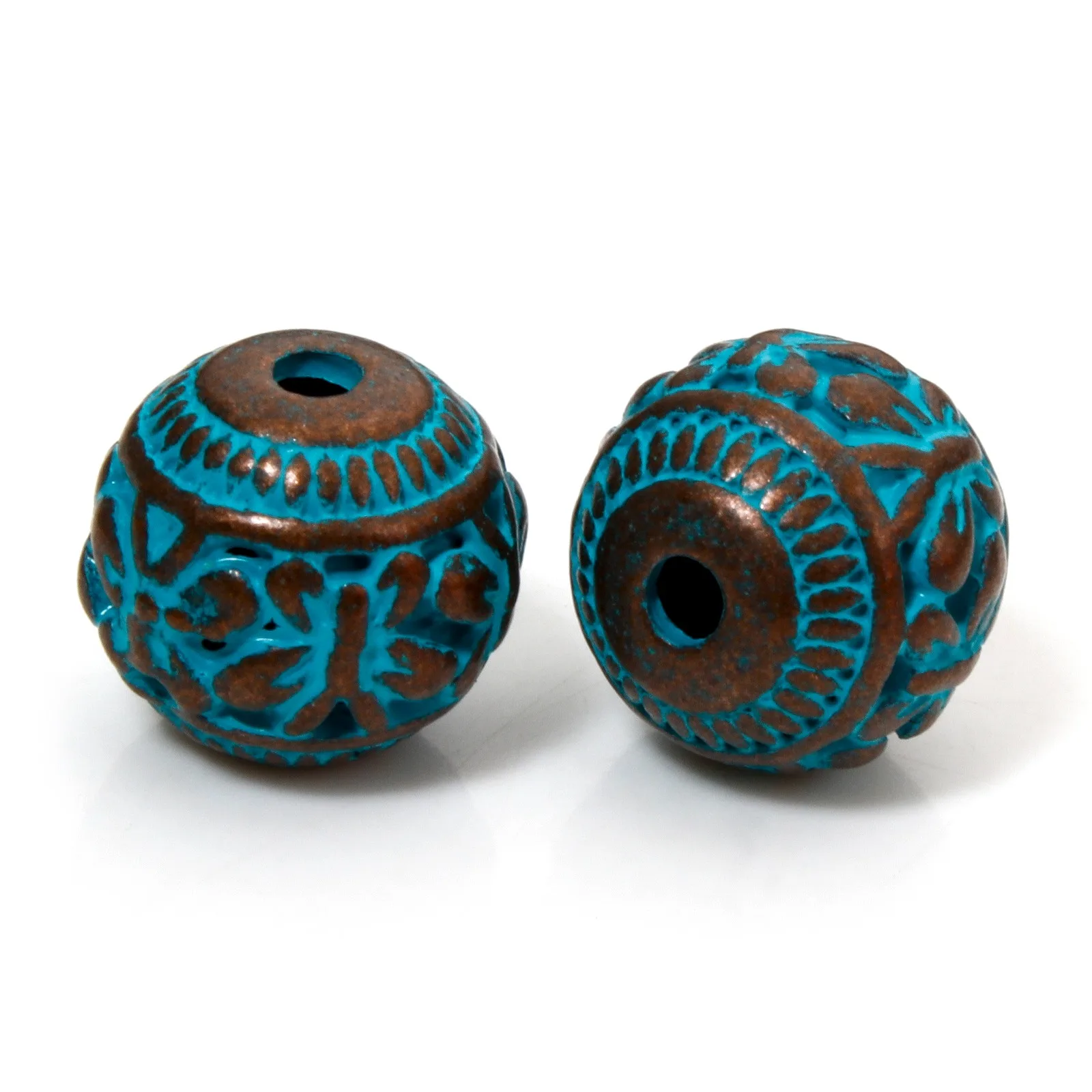 10 Stück Patina-Abstandsperlen im böhmischen Stil, antikes Kupfer, blau, rund, geschnitzte Musterperlen für DIY-Schmuckherstellung, Armbandzubehör – Detail 1