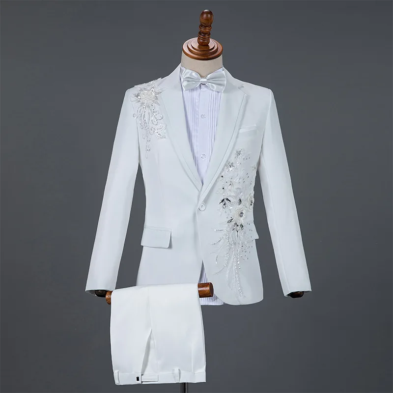 White Wedding Groom Men's Suit 2 Pieces Black One Button Sequin Embroidery Slim Fit Blazer Singer Stage Prom Chic Male Pants Set