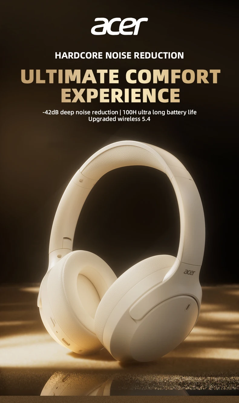 Acer ANC Wireless Headphones HIFI Headset Bluetooth 5.4 ENC HD Mic Head Tracking 3D Spatial Audio -42dB ANC Low Latency OHR305