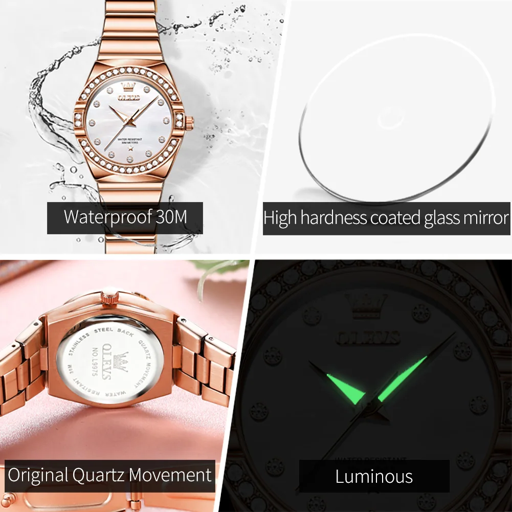 OLEVS Fashion Quartz Watch for Women Luxury Rose Stainless Steel Women's Watch Luminous Waterproof Ladies Dress Wristwatch Reloj