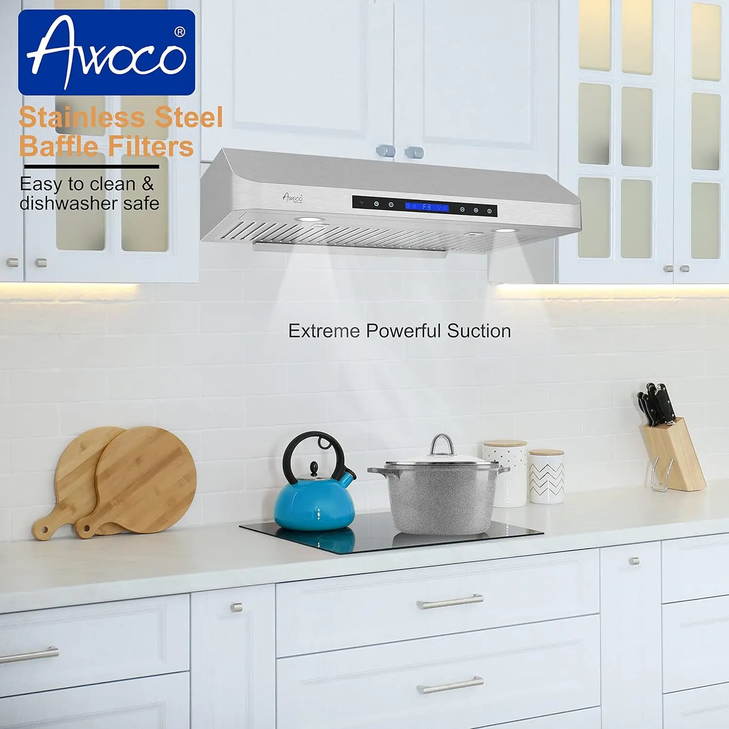 RH-C06-A30 Classic 6&rdquo; High 1mm Thick Stainless Steel Under Cabinet 4 Speeds 900 CFM Range Hood with 2 LED Lights
