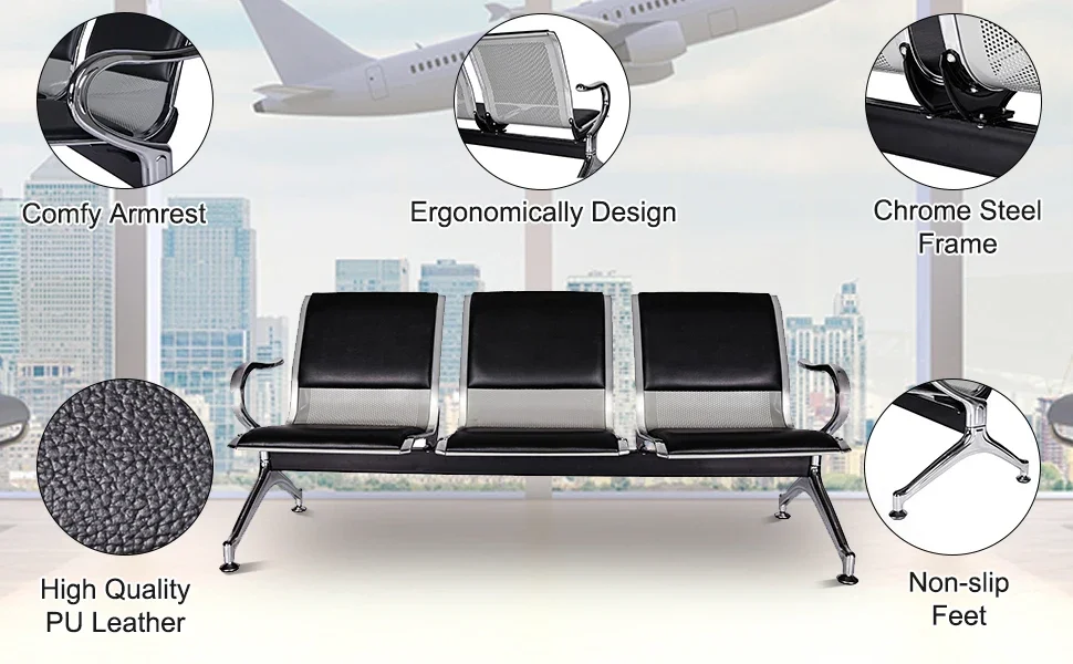 Description Picture 3 of itemReception Bench, PU Leather, Guest Reception Waiting Room Bench Suitable for Airport, Bank, Hospital, Waiting Sitting Chair