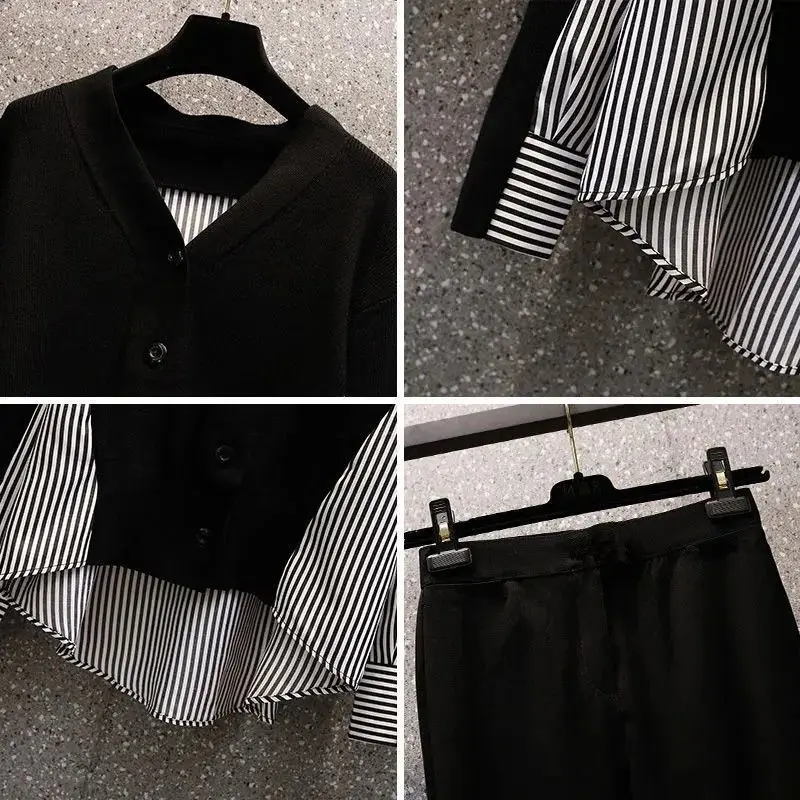 Striped Patchwork V-neck Long Sleeved Shirt Casual Pencil Pants Two-piece Elegant Women's Pants Set Loose Tracksuit