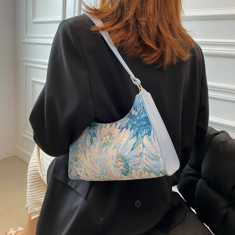 Womens Shoulder Bag Fashion Vintage Oil Painting Design Simple Flower Female Armpit Hobos Small Clutch Handbag Totes