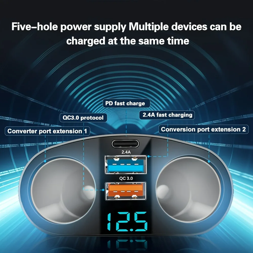 Car Charger USB PD Multiple Ports with Digital Display Charge Adapter for iPhone Xiaomi Huawei Samsung