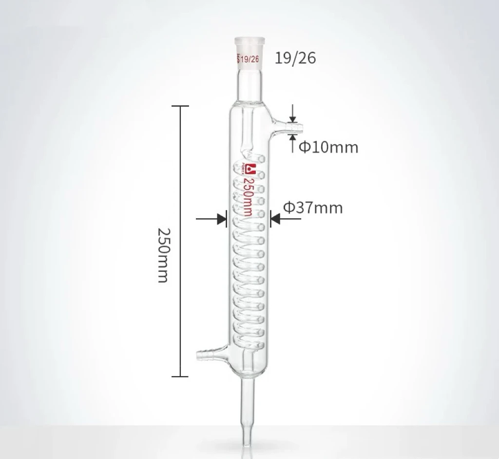 250mm Spiral Condensation Length ，Format Serpentine Condenser, Full Glass Distiller Condenser,Standard Ground Mouth 14 19 24