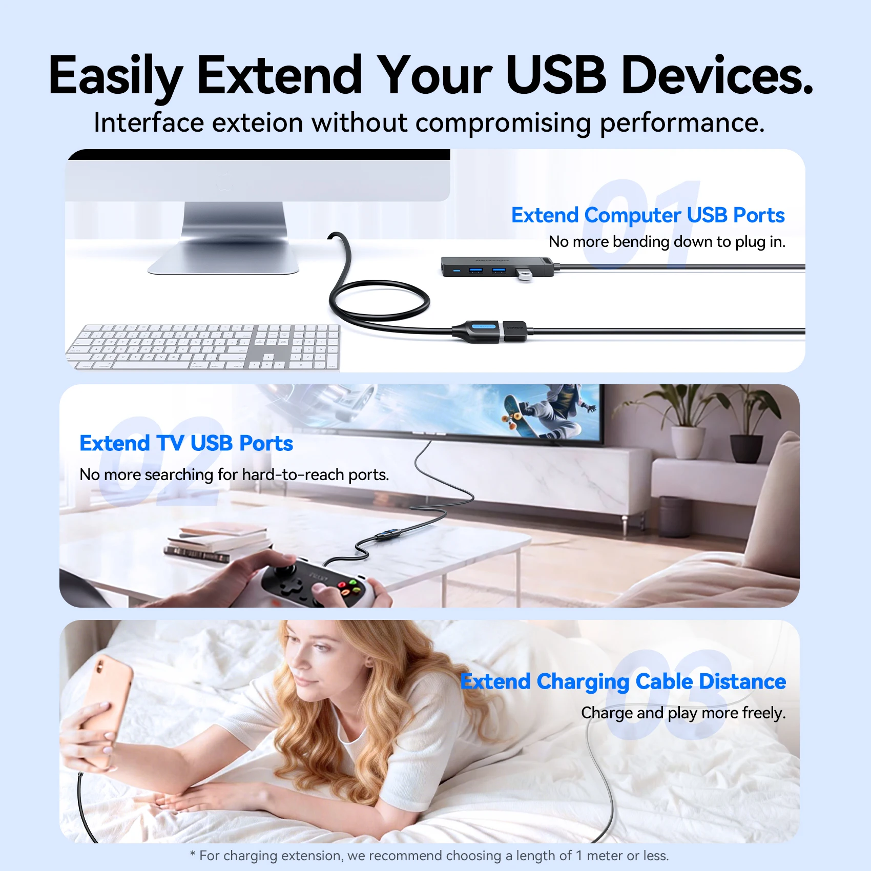벤션 10Gbps USB 연장 케이블 USB 3.0 3.2 데이터 케이블 (SSD, Xbox, PC, USB 드라이브용) 고속 남성-여성 USB 연장 케이블