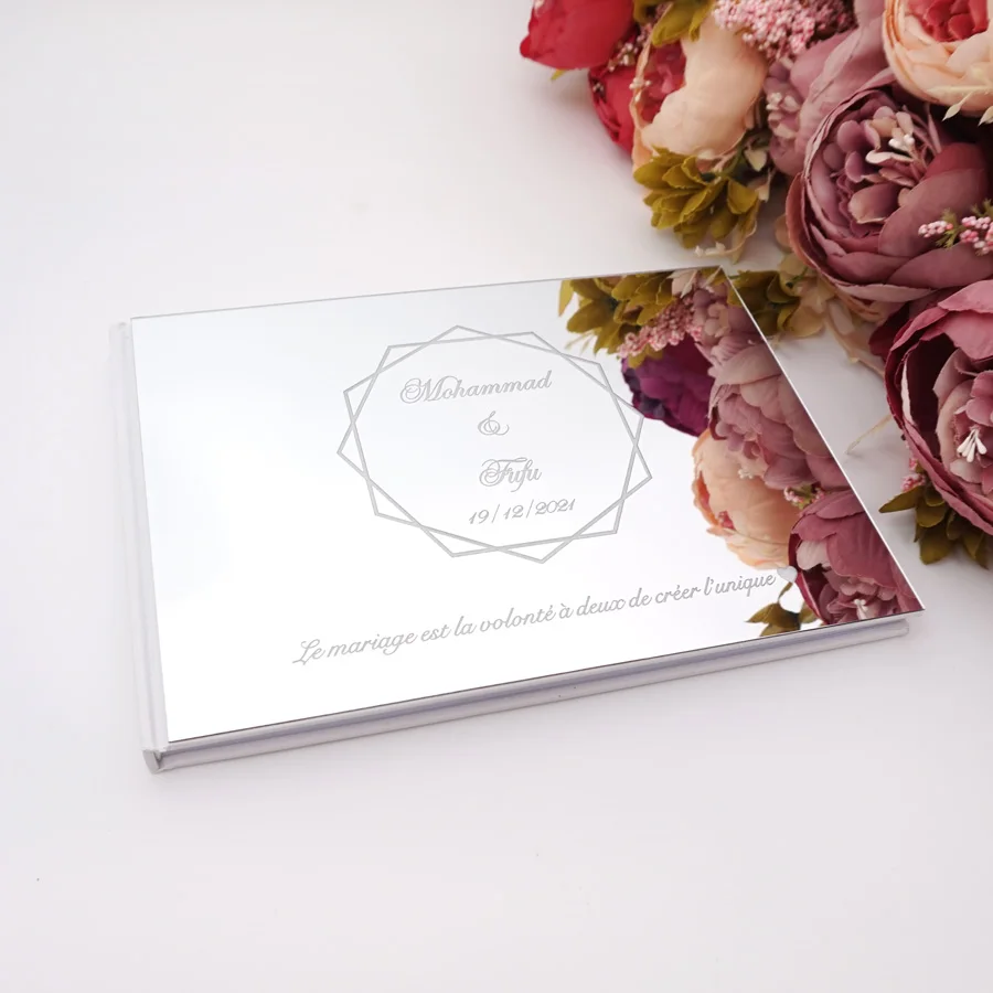 Different Designs Custom Wedding Party Signature Guest Book Personalized Mirror Cover White Blank Inner Pages Horizontal Book