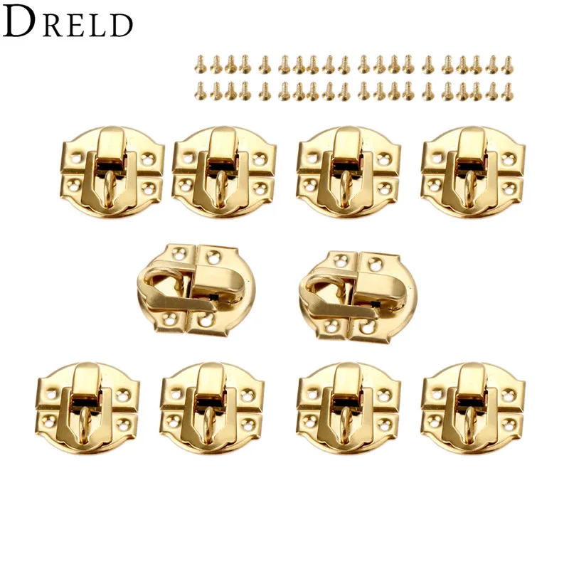 DRELD 10pcs Gold Box Latches Hasps Lock Catch Latches Furniture Fittings Jewelry Chest Box Suitcase Buckle Clip Clasp 27*29mm