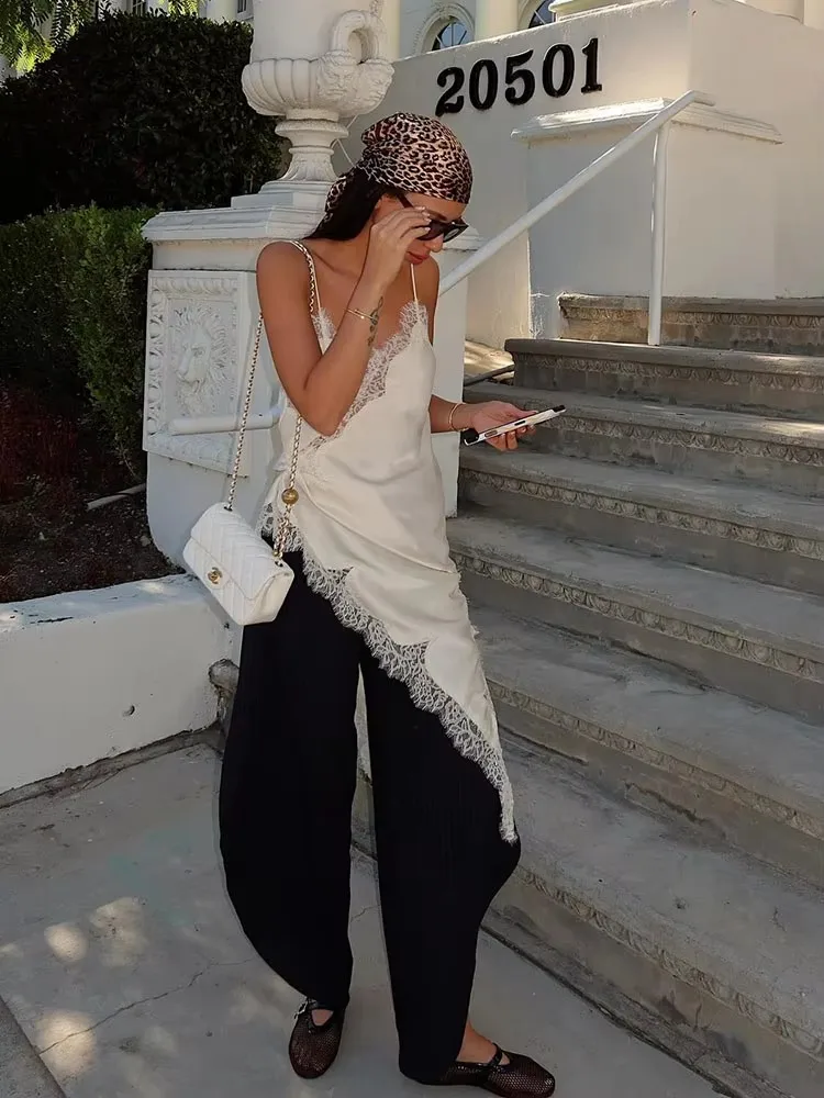 HH Women Asymmetry Hem Lace Dress Backless V Neck Straps Dresses Spring Summer Woman Elegant Fashion Streetwear Mini Dress