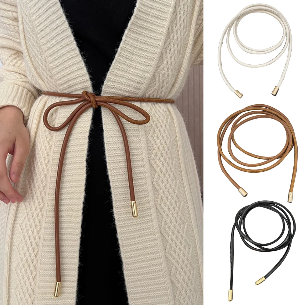 

150/160cm Soft Leather Thin Belt Women Decorative Bow Knot Waist Rope Vintage Dress Coat Sweater String Strap Knotted Waistband