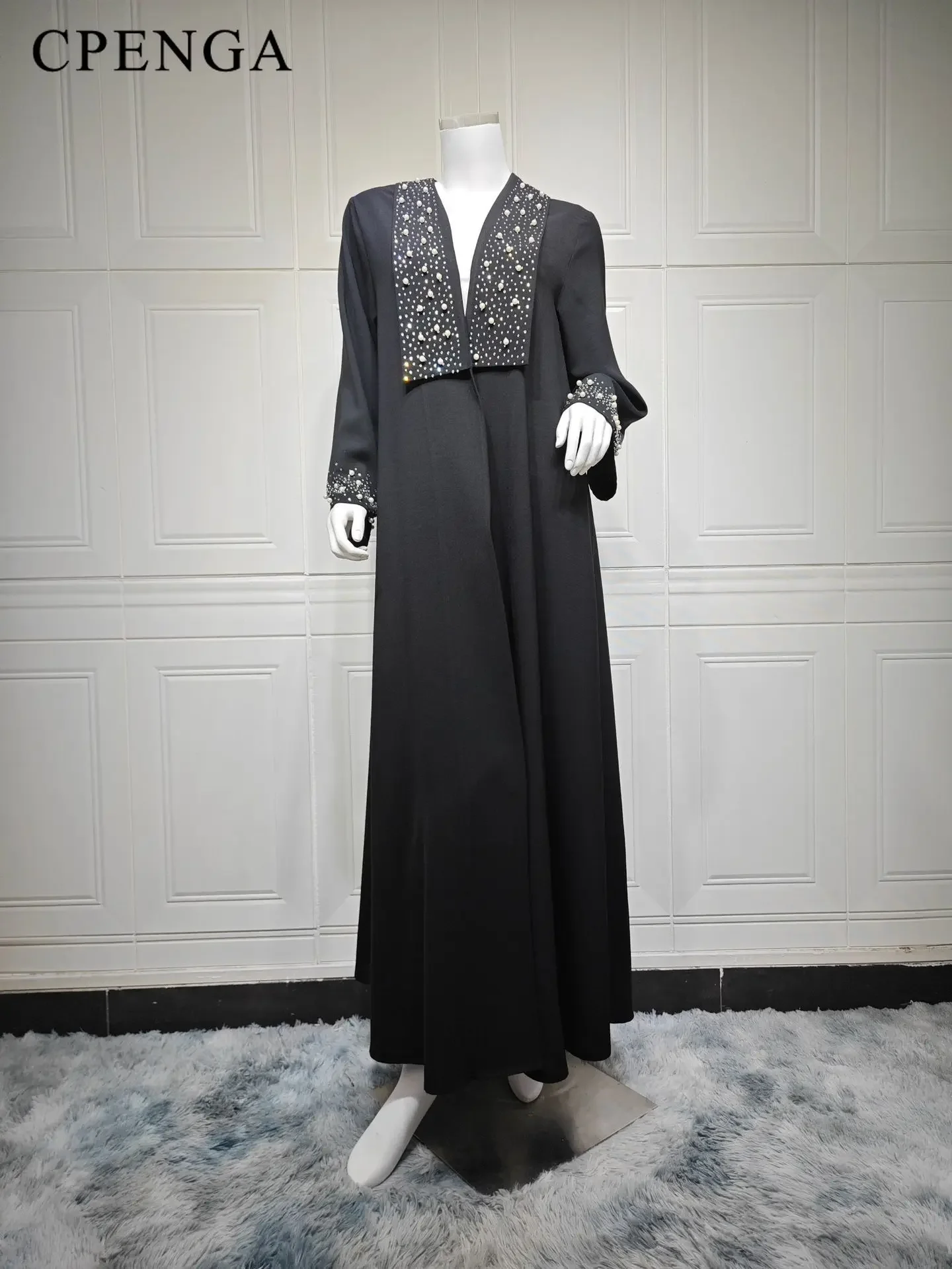 2024 Dubai Women Pearl Black Abaya Dress Luxury Ramadan Arabic Muslim Modest Cardigan Islamic Coat Fashion Turkey Solid Robe 4