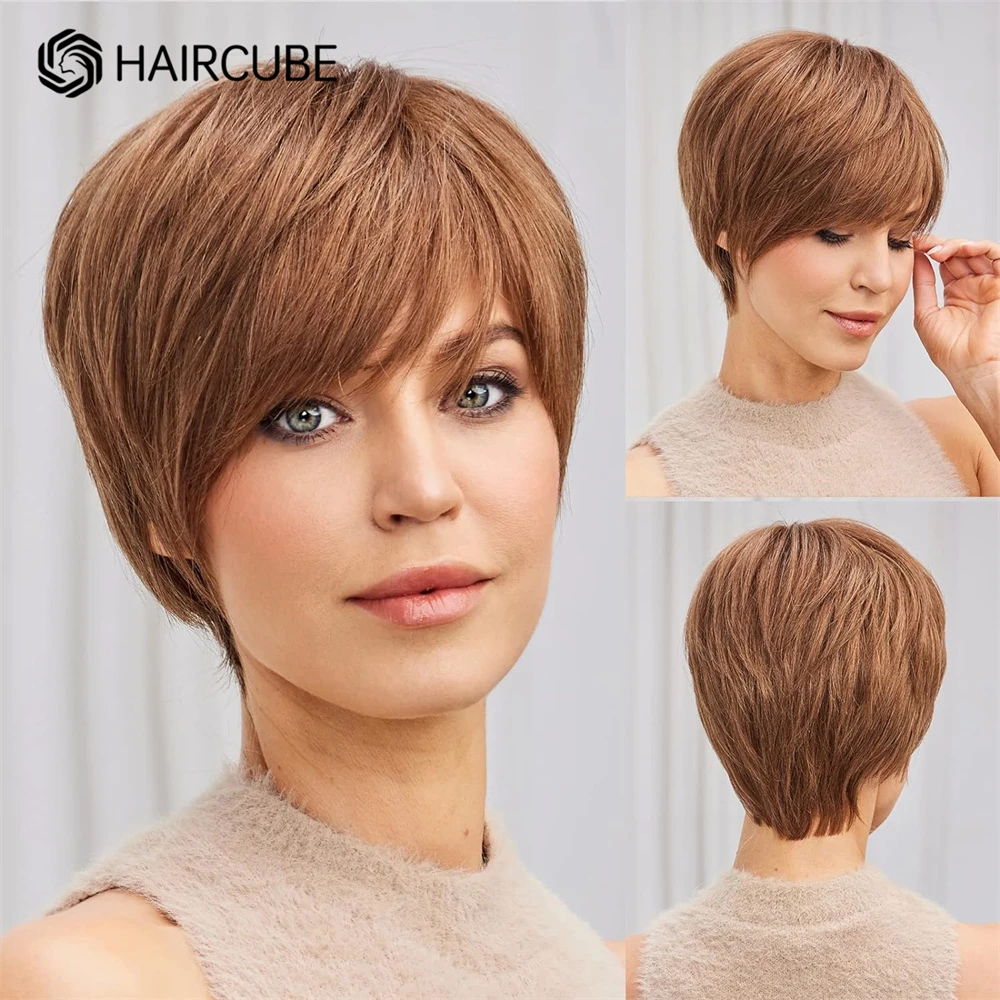 

HAIRCUBE Short Human Hair Wigs Pixie Cut Straight Wig With Bang Toasted Brown Layered Glueless Bob Wig for Women Human Hair Wig