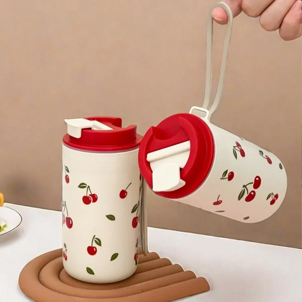 Cherry Pattern Reusable Water Bottle with Rope Handle - 350/400ml Capacity
