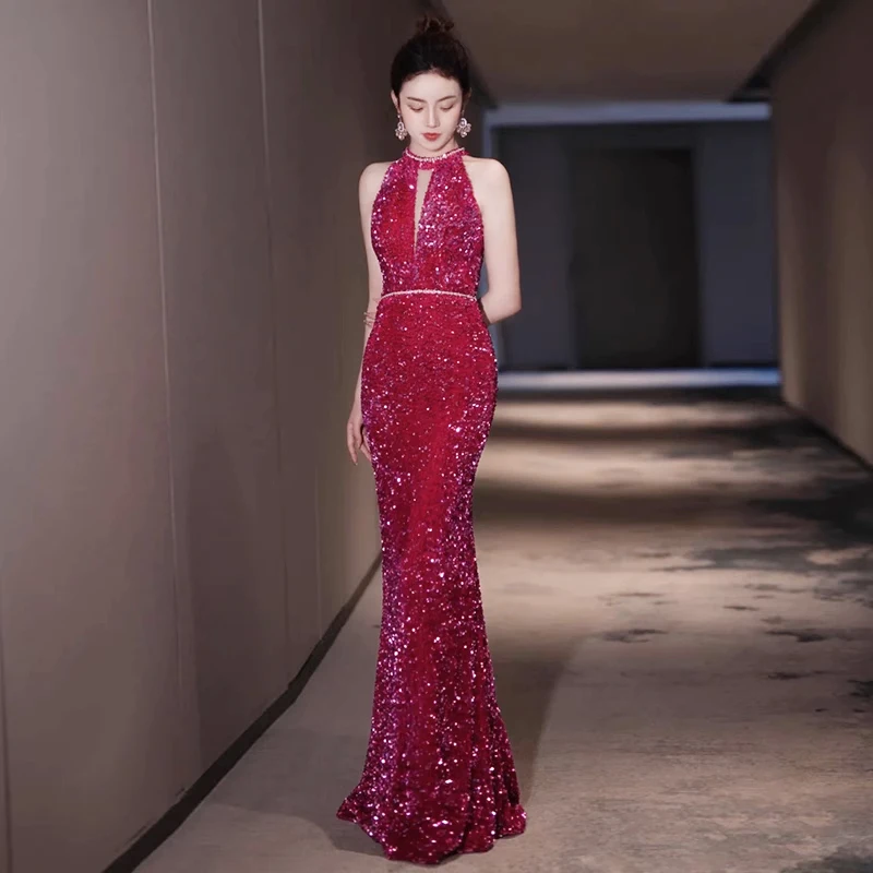 

Glitter Red Mermaid Evening Dresses 2023 Sequin Off Shoulder Halter Shiny Dubai Prom Dress Arabia Backless Bride Party Gowns