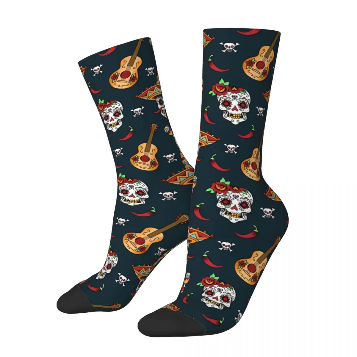 

Crazy Sock for Men Mexican Sugar Skulls Hip Hop Day Of The Dead Mexico Skull Breathable Pattern Printed Crew Sock Seamless Gift