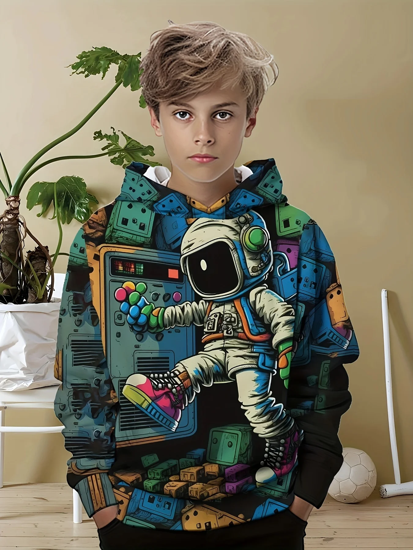 Smiling bpy wearing a colorful 3D hoodie with long sleeves, standing outdoors with playful energy dark