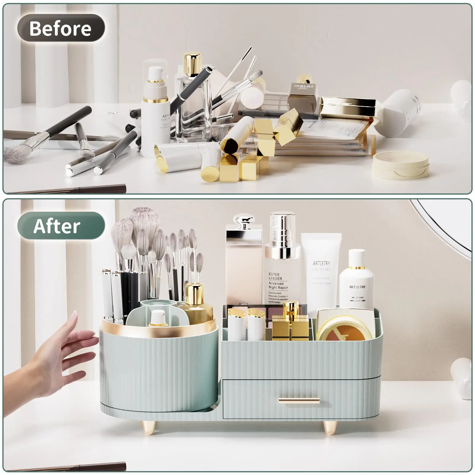 Makeup Organizer Countertop with Drawers 360 Rotating Makeup Brush Holder Large Capacity Skincare Organizer for Vanity Desk 5