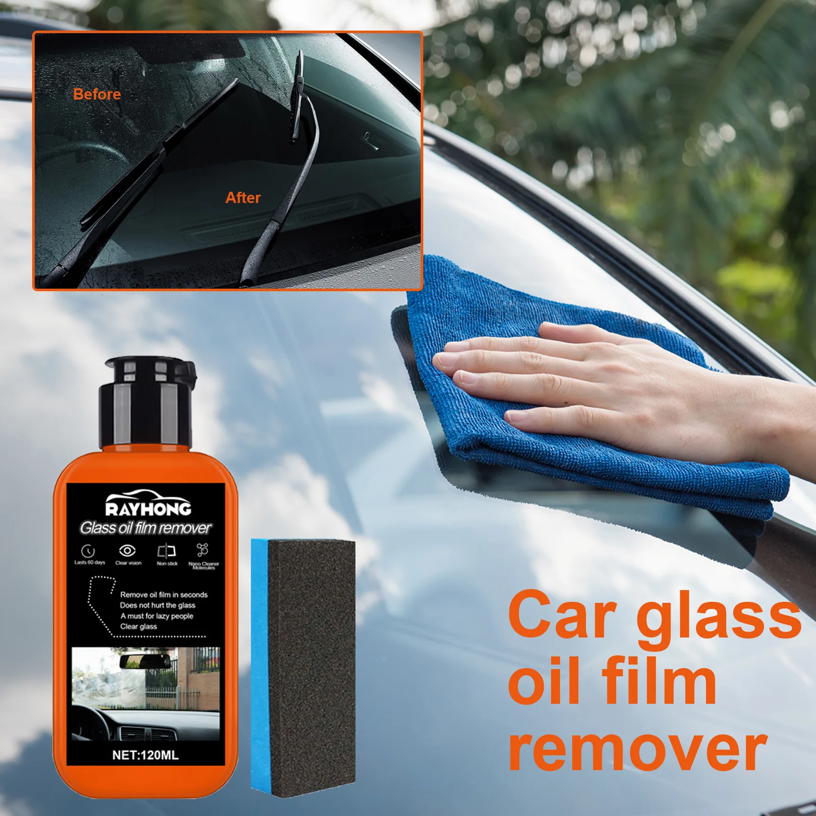 Car Glass Oil Film Cleaner, Car Glass Oil Film Remover, Car Windshield Oil  Film Cleaner With Sponge 120ml