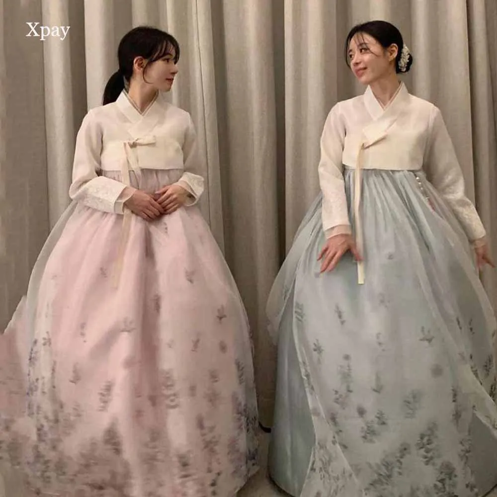

XPAY элегантные трапециевидные Свадебные платья Hanbok для корейской фотосессии с длинными рукавами и цветочным принтом