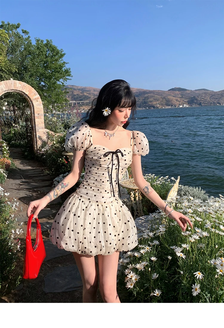 Polka Dot Birthday Party Dress Off Shoulder Puff Sleeve A-line Ball Gown Mini Dresses for Women Korean Fashion One Piece Vestido
