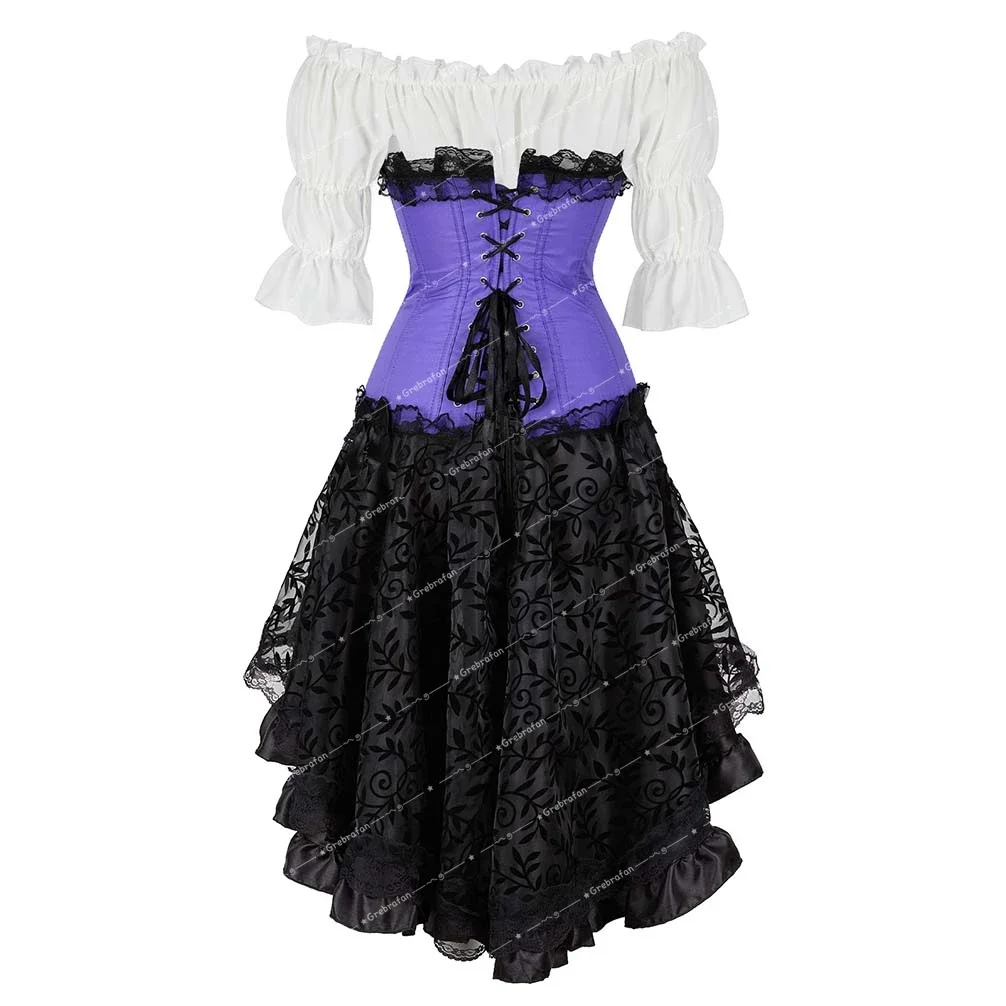 Renaissance Victorian Corset Front Lace Bustier Skirt with Blouse Set Princess Overbust Corsage Plus Size Dance Party Costumes